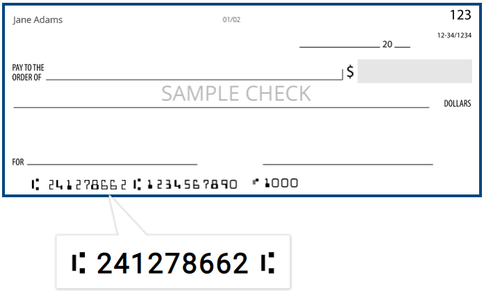 sample check with routing number 241278662 highlighted